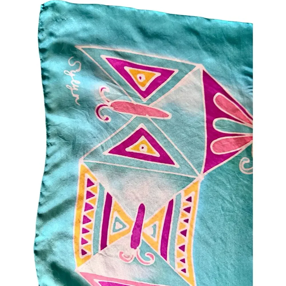 Vintage 1970s Hand Painted Sylyn Silk Scarf Turquoise Butterfly 35” Rolled Edges